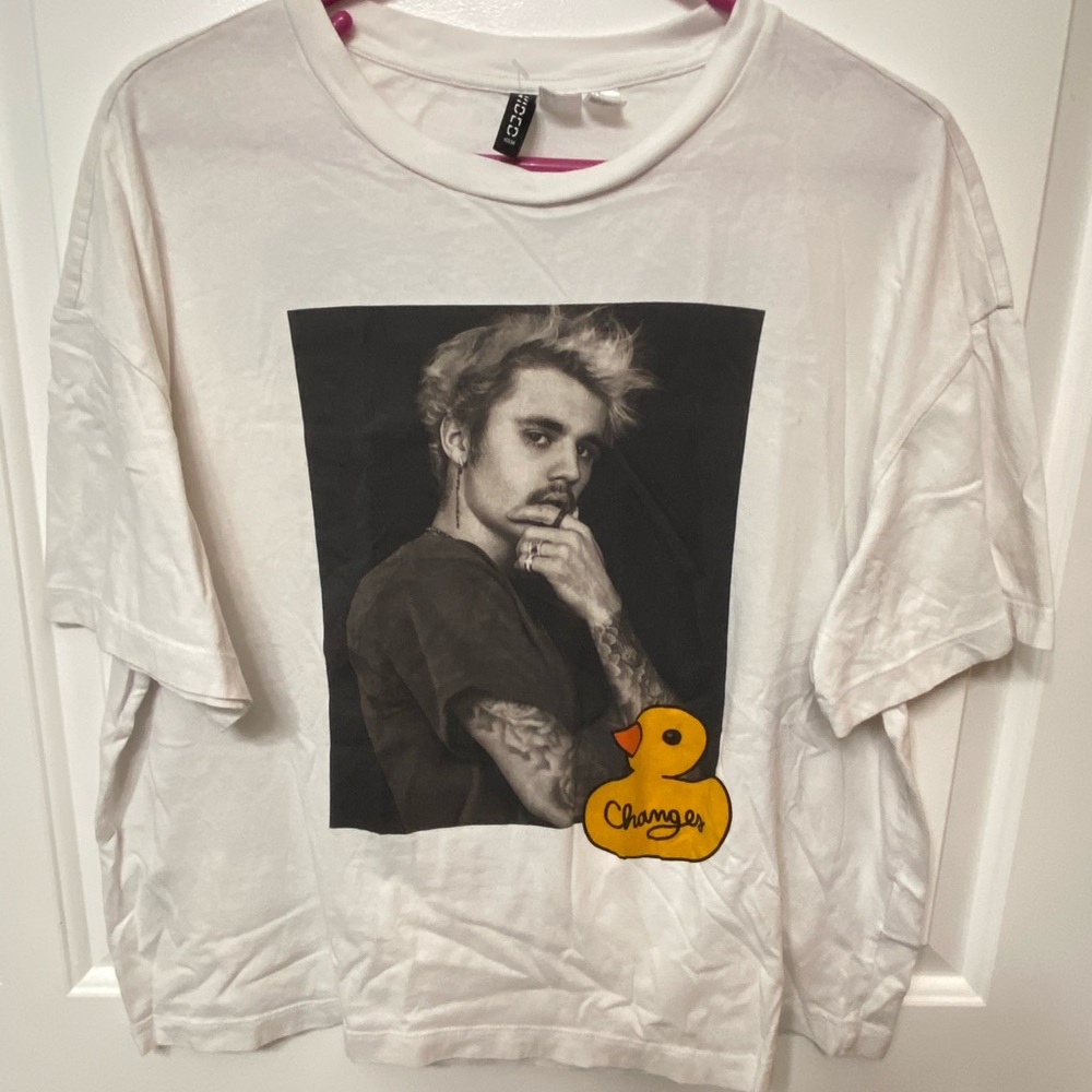 White Graphic Justin Bieber T-Shirt with Duck Patch